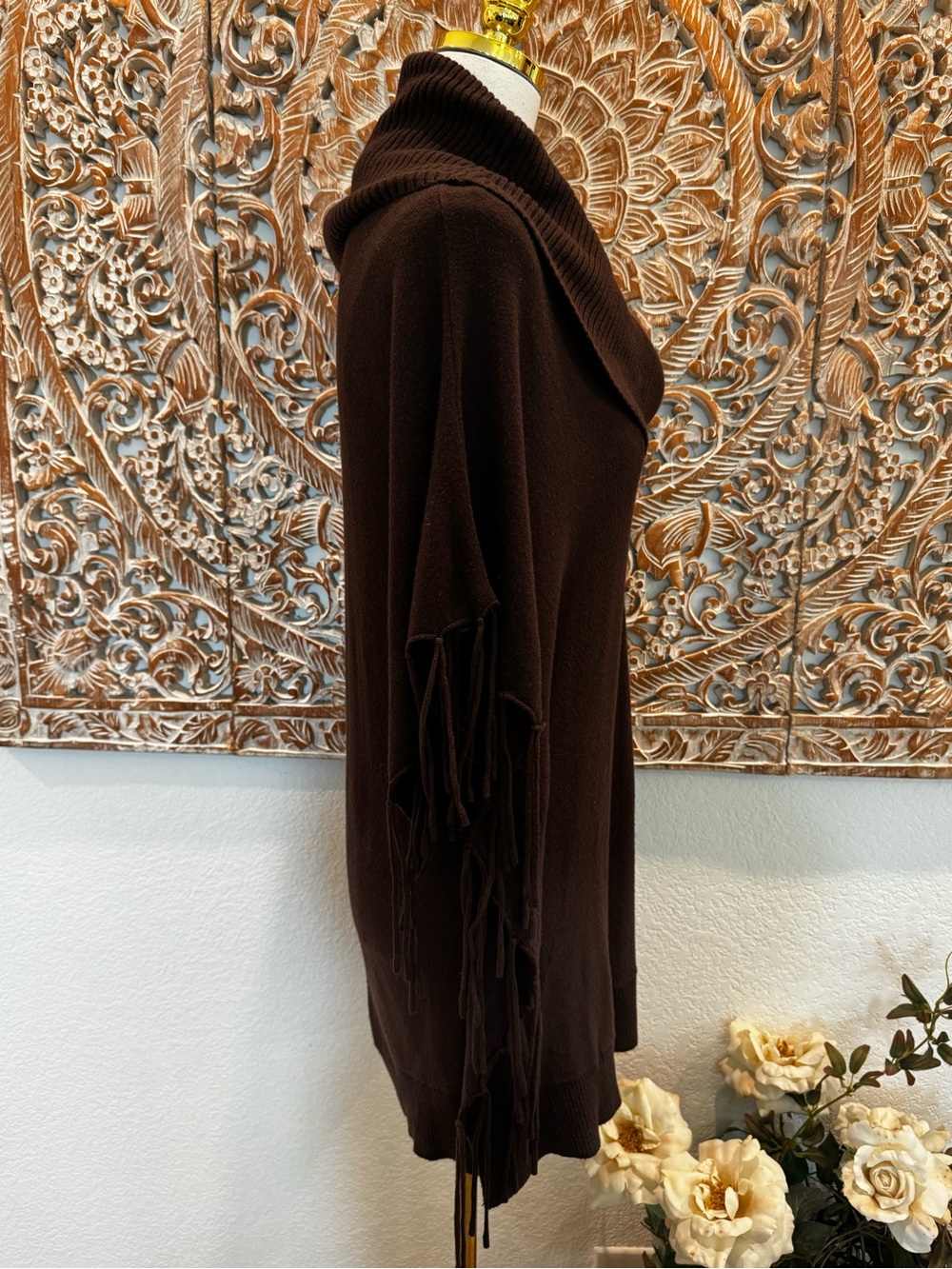 Michael Kors Brown Cowl-Neck Fringe Poncho, Soft Cozy - Picture 6 of 15
